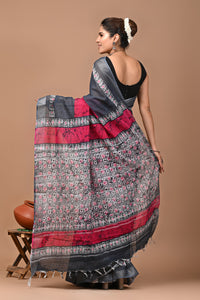 Block Printed Cotton linen Saree With Unstiched Blouse