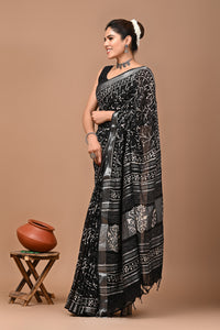 Block Printed Cotton linen Saree With Unstiched Blouse