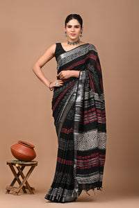 Block Printed Cotton linen Saree With Unstiched Blouse