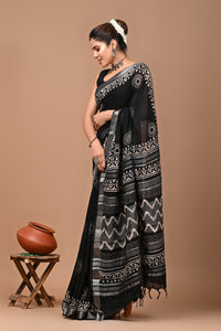 Block Printed Cotton linen Saree With Unstiched Blouse