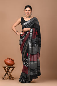 Block Printed Cotton linen Saree With Unstiched Blouse