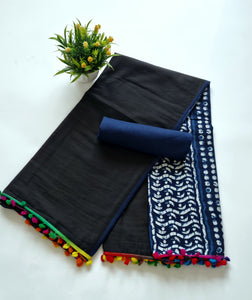 Printed Pure Cotton Mulmul Saree With PomPom Lace