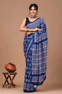 Jaipuri Printed Pure Cotton Mulmul Saree With Blouse