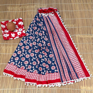 Printed Pure Cotton Mulmul Saree PomPom Lace