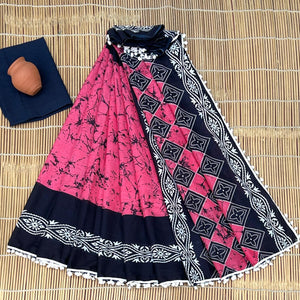 Printed Pure Cotton Mulmul Saree PomPom Lace