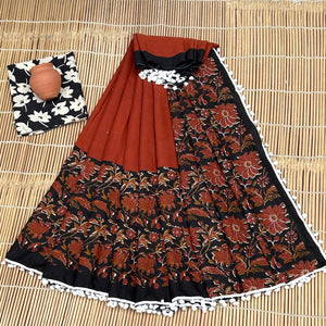 Printed Pure Cotton Mulmul Saree PomPom Lace