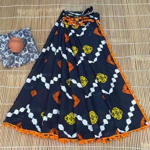 Printed Pure Cotton Mulmul Saree PomPom Lace