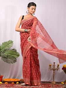 Premium Hand Block Printed Kota Doria Saree