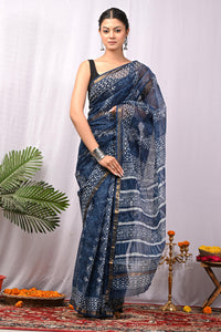 Elegant Indigo Dabu Print Kota Doria Saree