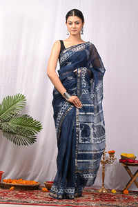 Indigo Dabu Print Kota Doria Saree with blouse