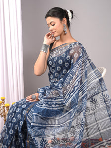 Indigo Dabu Print Kota Doria Saree