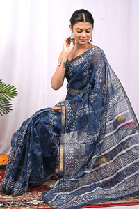 Elegant Indigo Dabu Print Kota Doria Saree