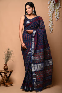 Hand Block Printed Linen Saree With Unstitched Blouse