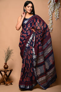 Hand Block Printed Linen Saree With Unstitched Blouse