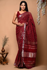 Hand Block Printed Linen Saree With Unstitched Blouse