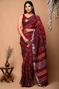 Hand Block Printed Linen Saree With Unstitched Blouse