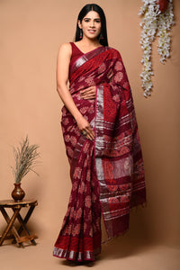 Hand Block Printed Linen Saree With Unstitched Blouse