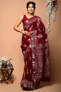 Hand Block Printed Linen Saree With Unstitched Blouse