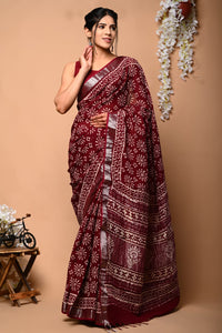 Hand Block Printed Linen Saree With Unstitched Blouse