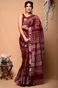 Hand Block Printed Linen Saree With Unstitched Blouse