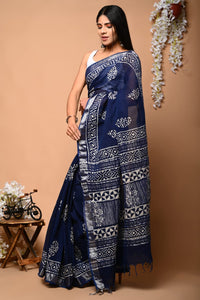 Hand Block Printed Linen Saree With Unstitched Blouse