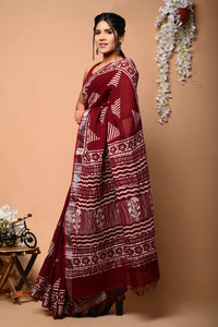 Hand Block Printed Linen Saree With Unstitched Blouse