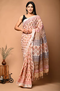 Hand Block Printed Linen Saree With Unstitched Blouse