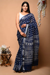 Hand Block Printed Linen Saree With Unstitched Blouse