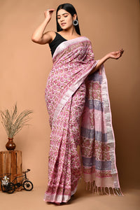 Hand Block Printed Linen Saree With Unstitched Blouse