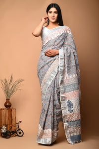 Hand Block Printed Linen Saree With Unstitched Blouse