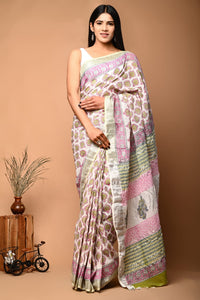 Hand Block Printed Linen Saree With Unstitched Blouse