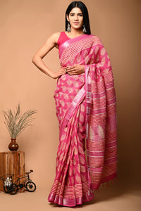 Hand Block Printed Linen Saree With Unstitched Blouse