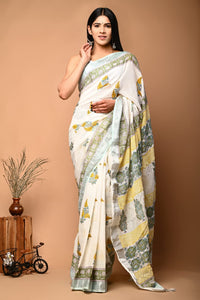 Hand Block Printed Linen Saree With Unstitched Blouse