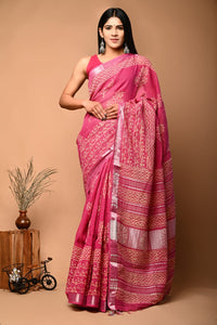 Hand Block Printed Linen Saree With Unstitched Blouse