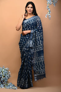 Hand Block Printed Linen Saree With Unstitched Blouse