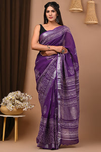 Hand Block Printed Linen Saree With Unstitched Blouse