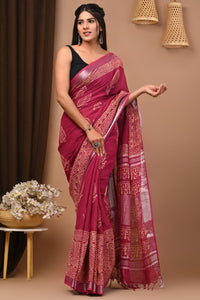 Hand Block Printed Linen Saree With Unstitched Blouse