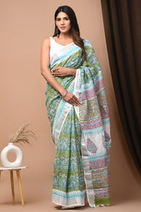 Hand Block Printed Linen Saree With Unstitched Blouse