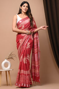 Hand Block Printed Linen Saree With Unstitched Blouse