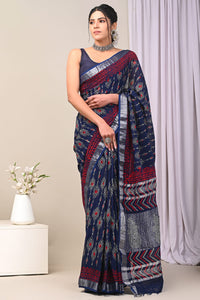 Hand Block Printed Linen Saree With Unstitched Blouse