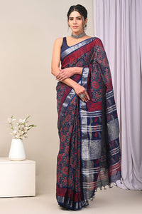 Hand Block Printed Linen Saree With Unstitched Blouse