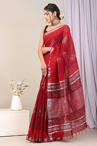 Hand Block Printed Linen Saree With Unstitched Blouse