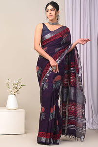 Hand Block Printed Linen Saree With Unstitched Blouse