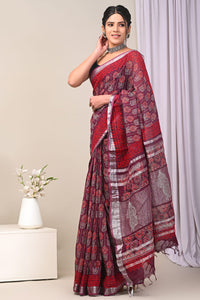 Hand Block Printed Linen Saree With Unstitched Blouse