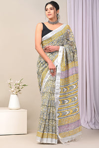 Hand Block Printed Linen Saree With Unstitched Blouse