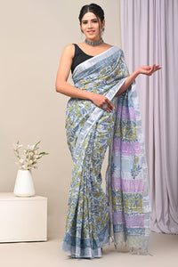 Hand Block Printed Linen Saree With Unstitched Blouse