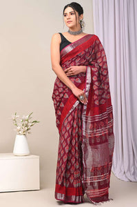 Hand Block Printed Linen Saree With Unstitched Blouse