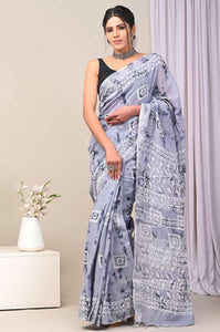 Hand Block Printed Linen Saree With Unstitched Blouse