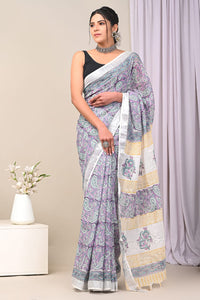 Hand Block Printed Linen Saree With Unstitched Blouse