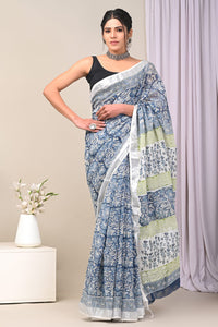 Hand Block Printed Linen Saree With Unstitched Blouse